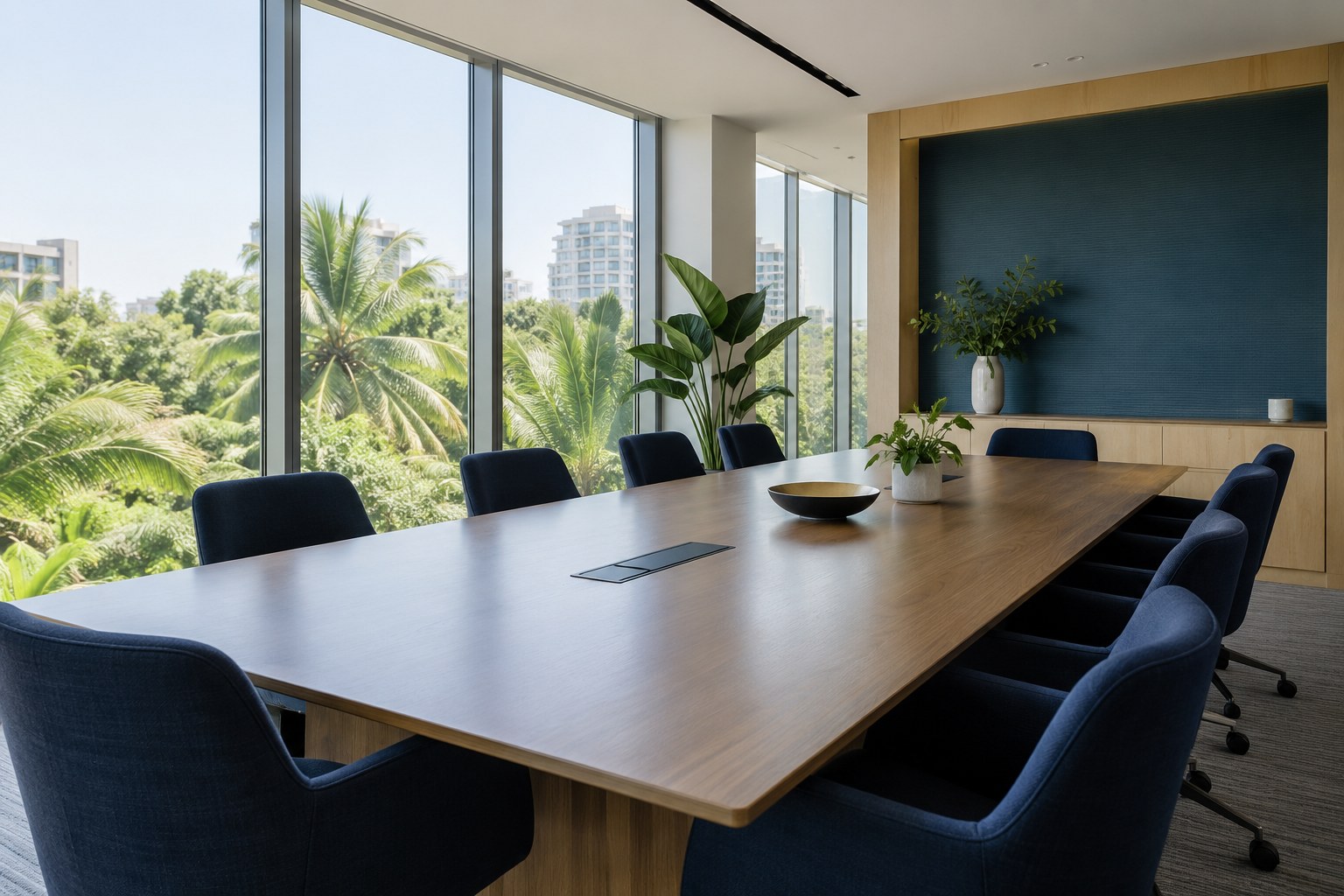Contemporary meeting room overlooking an urban skyline