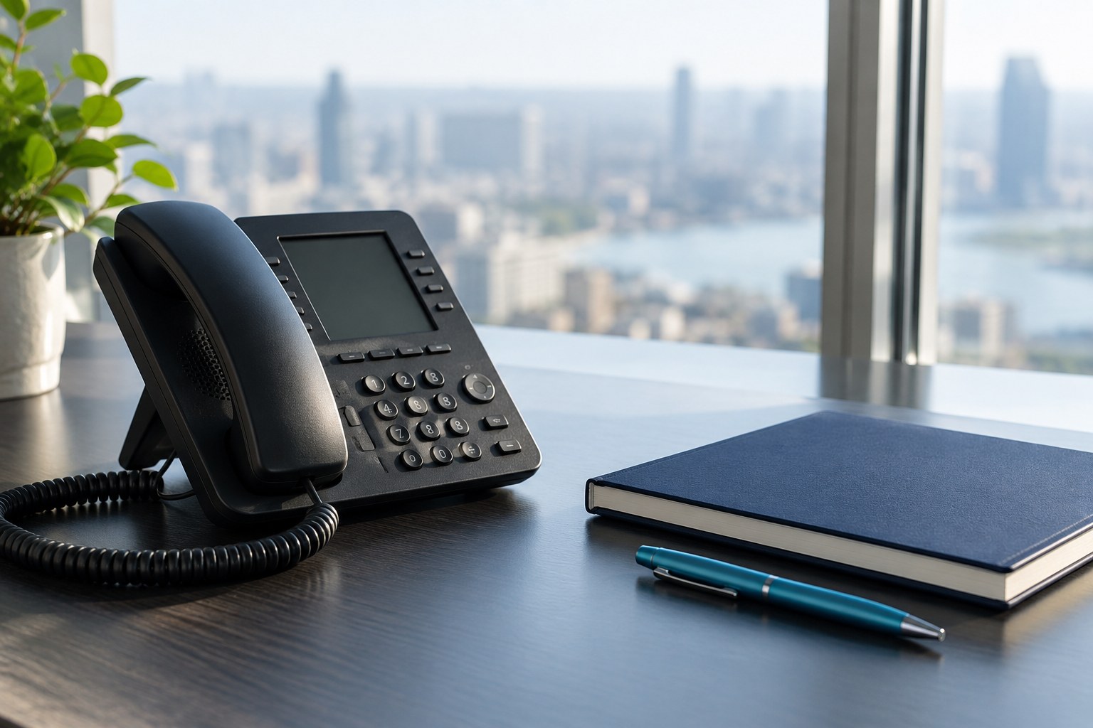 Desk phone and notebook by a bright office window